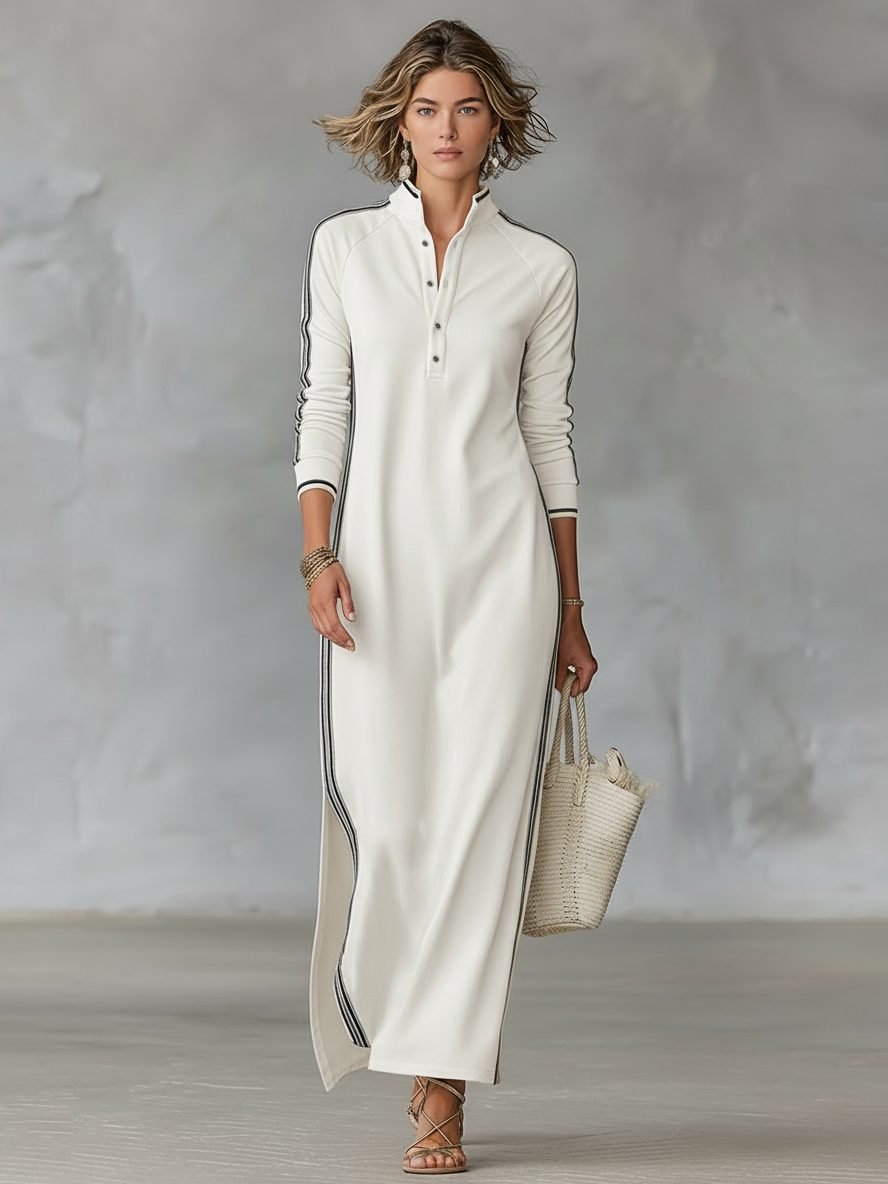 Women's Maxi Shirt Dress | Button Front Collar with Sport Stripe Side