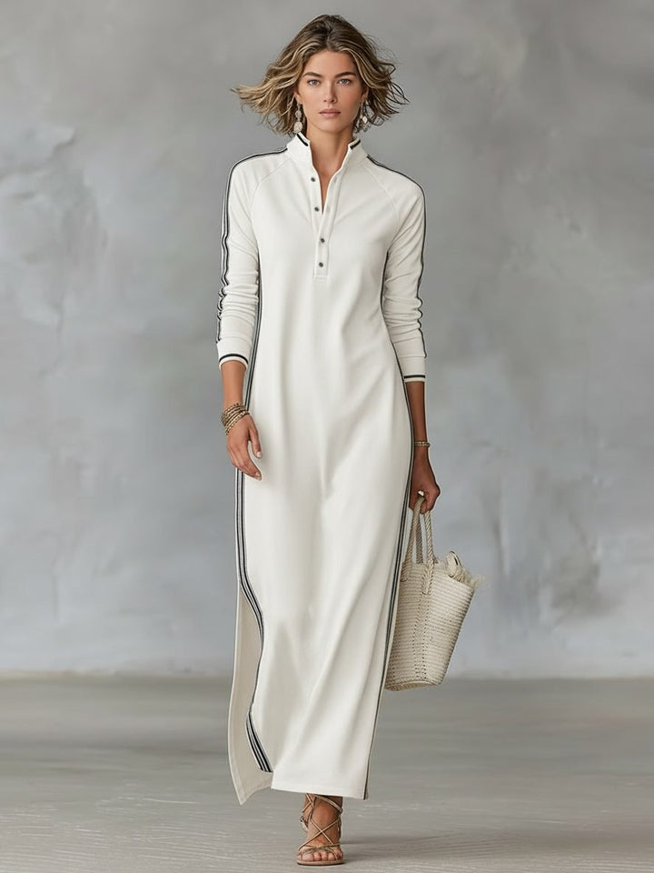 Women's Maxi Shirt Dress | Button Front Collar with Sport Stripe Side