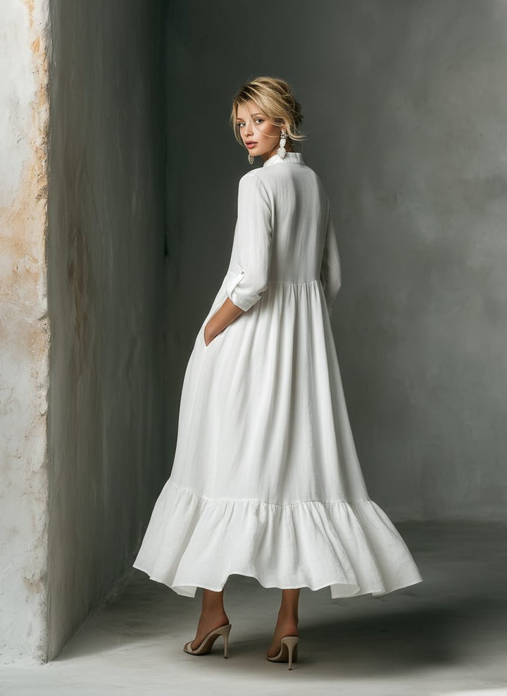 Women's Maxi Shirt Dress | Long Sleeve with Ruffled Hem Back