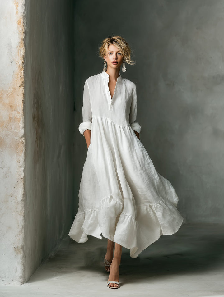 Women's Maxi Shirt Dress | Long Sleeve with Ruffled Hem Front