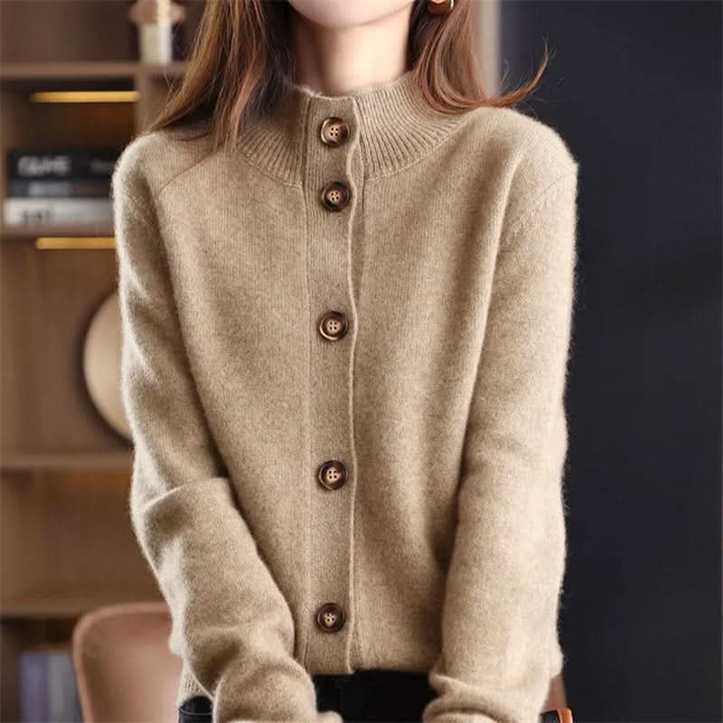 Women's Merino Cardigan | Button Front Ribbed Neckline Angle