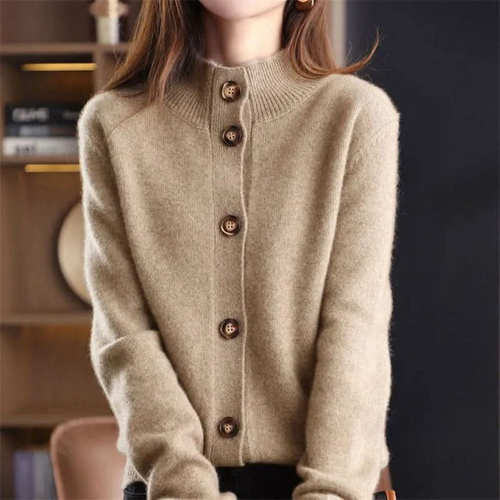 Women's Merino Cardigan | Button Front Ribbed Neckline Angle