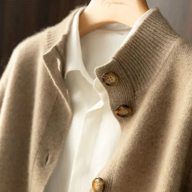 Women's Merino Cardigan | Button Front Ribbed Neckline Front