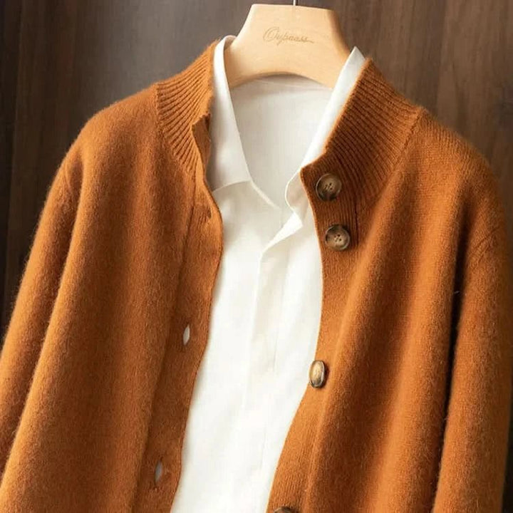 Women's Merino Cardigan | Button Front Ribbed Neckline Lifestyle