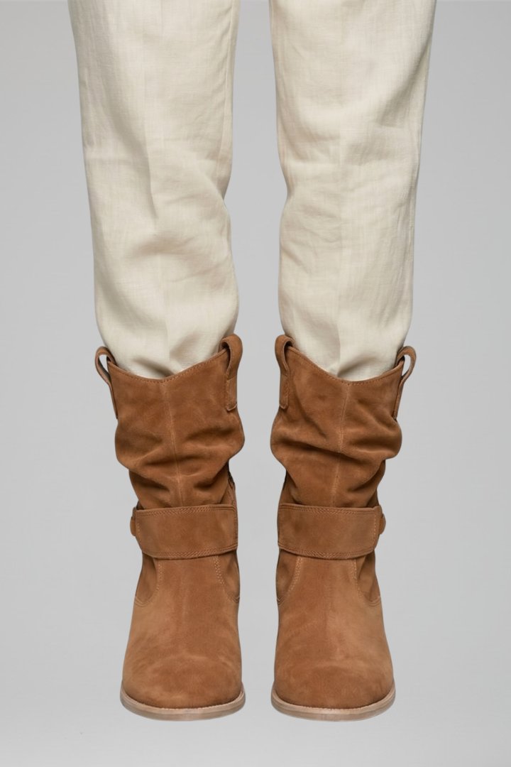 Women's Mid-Calf Boots | Side Zipper Slouchy Suede Fold-Over Close Up