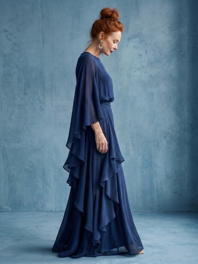 Women's Midi Dress | Layered Sleeve with Drape Waist Front
