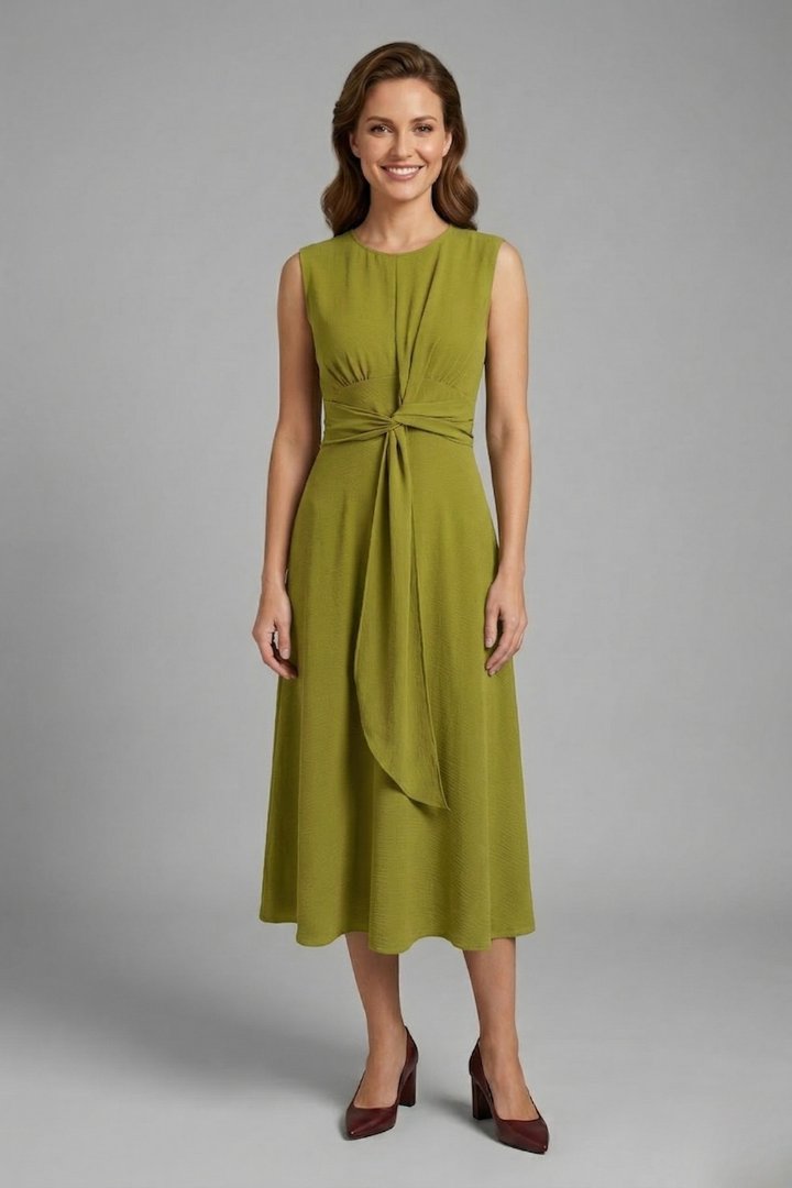 Women's Midi Dress | Sleeveless Round Neck with Tie Waist Angle