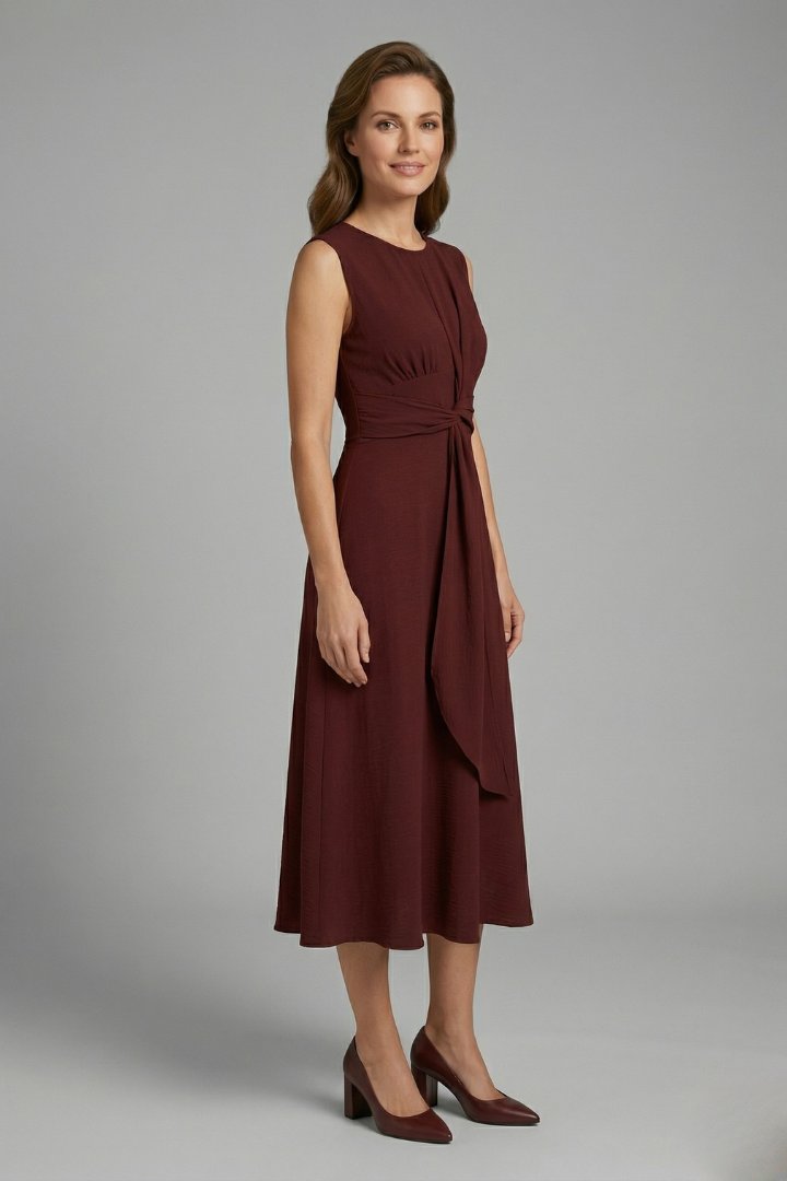 Women's Midi Dress | Sleeveless Round Neck with Tie Waist Back