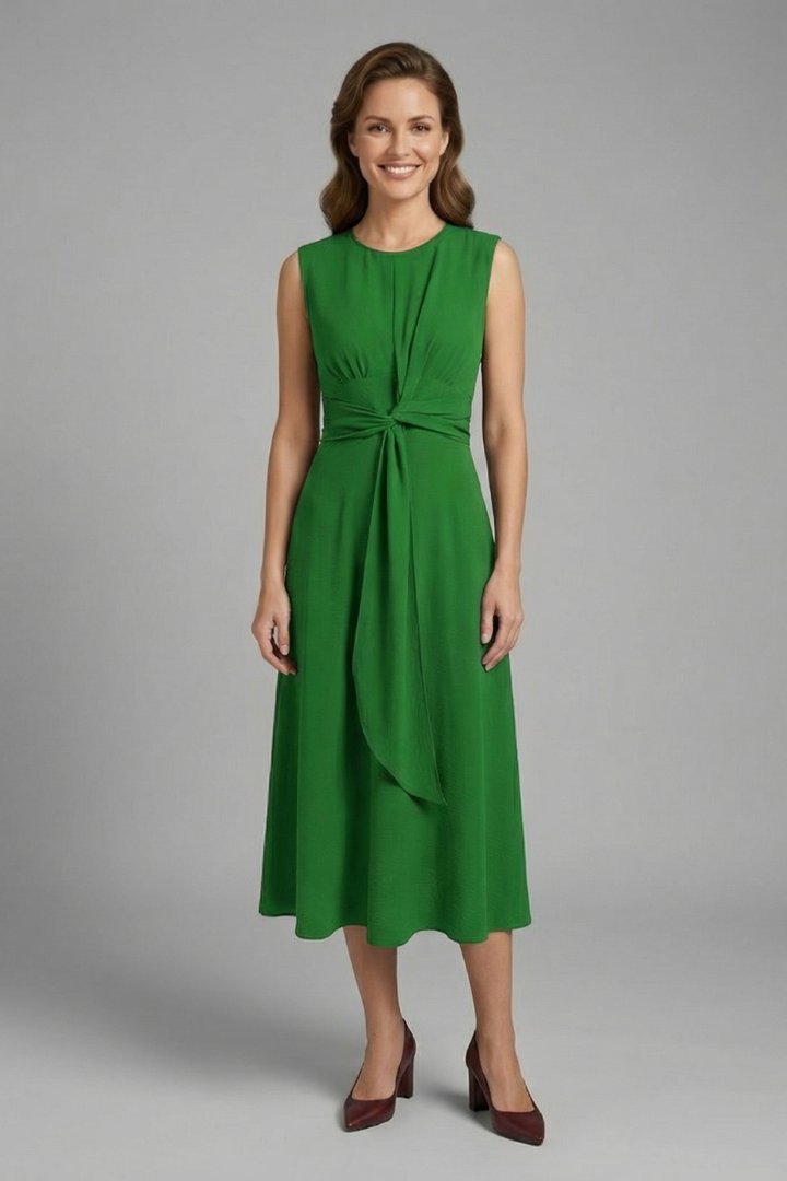 Women's Midi Dress | Sleeveless Round Neck with Tie Waist Close Up