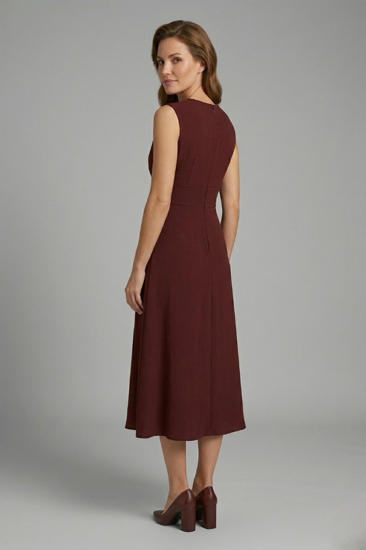 Women's Midi Dress | Sleeveless Round Neck with Tie Waist Detail
