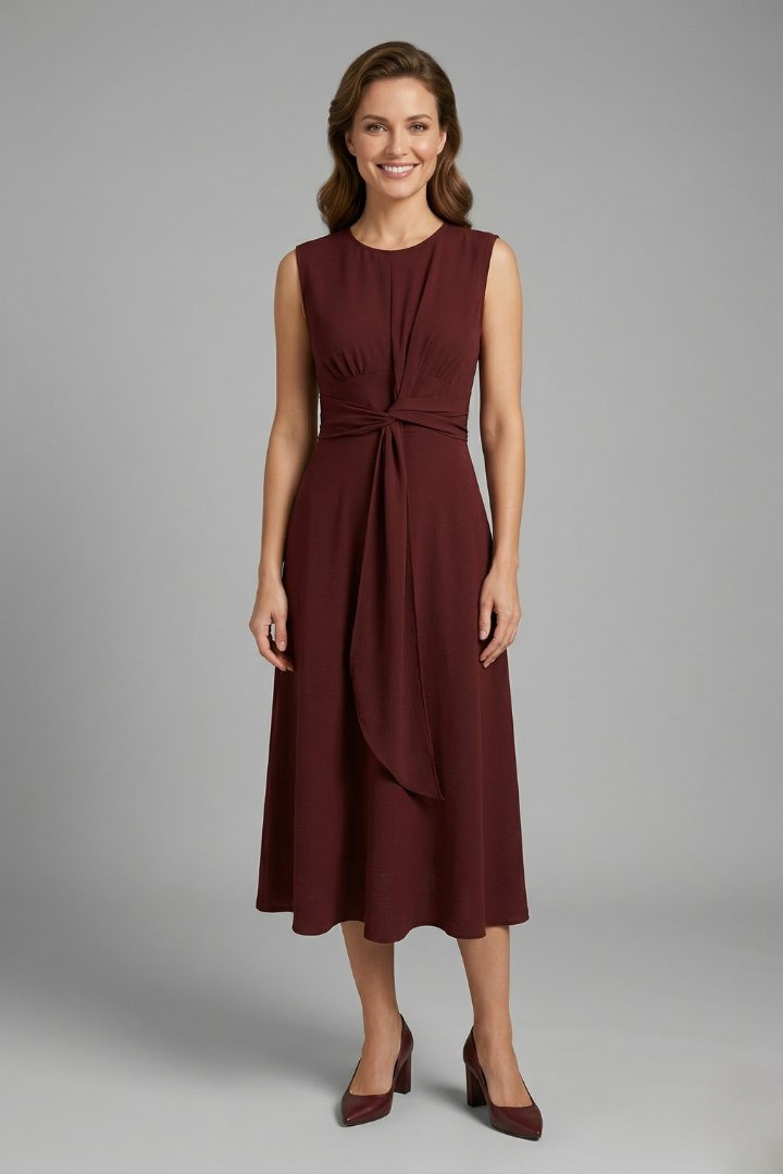 Women's Midi Dress | Sleeveless Round Neck with Tie Waist Front