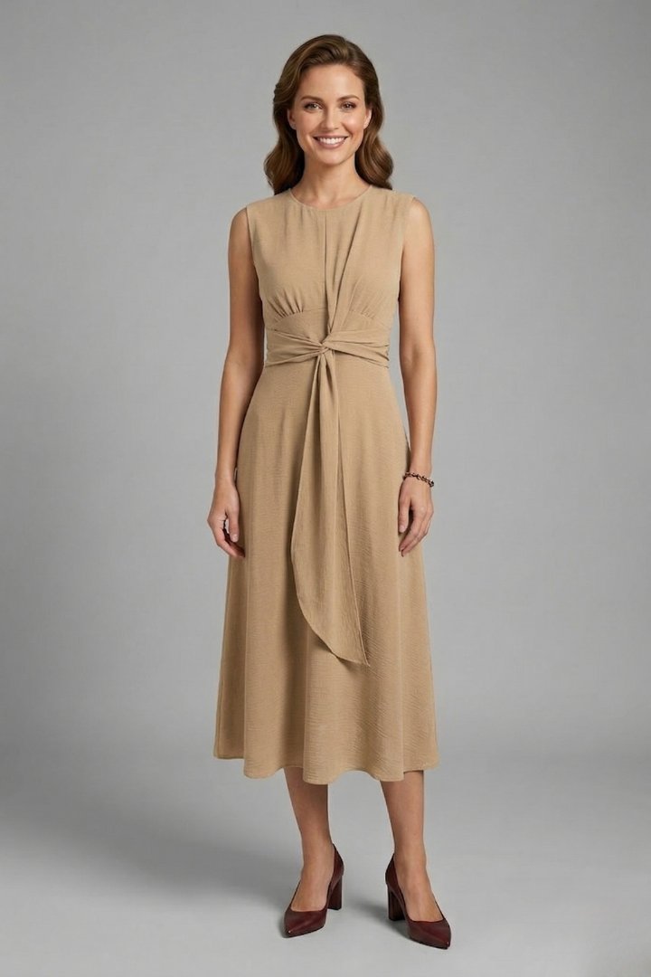 Women's Midi Dress | Sleeveless Round Neck with Tie Waist Full