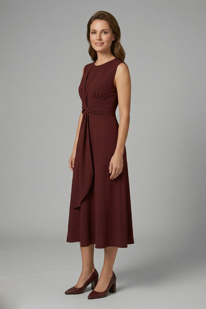Women's Midi Dress | Sleeveless Round Neck with Tie Waist Side
