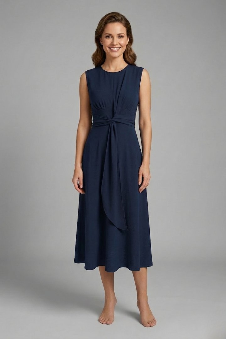 Women's Midi Dress | Sleeveless Round Neck with Tie Waist View 11