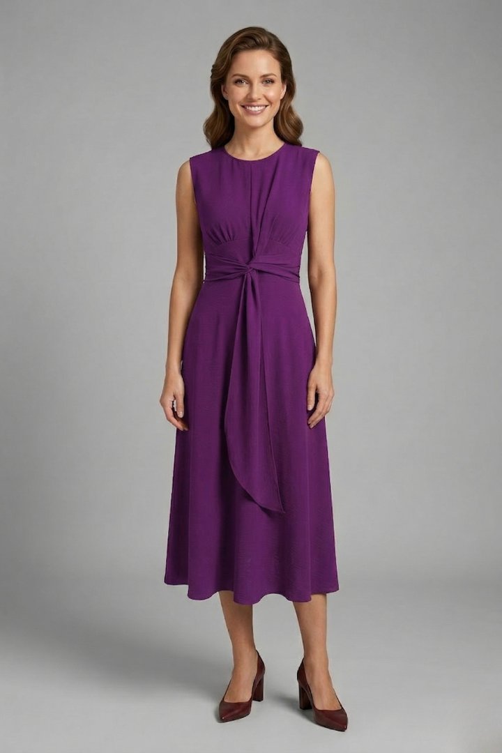 Women's Midi Dress | Sleeveless Round Neck with Tie Waist View 12