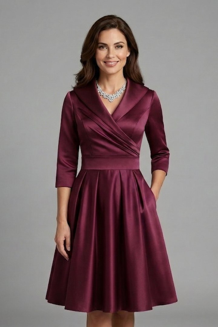 Women's Midi Dress | V-Neck Pleated Waist Wrap Bodice Angle