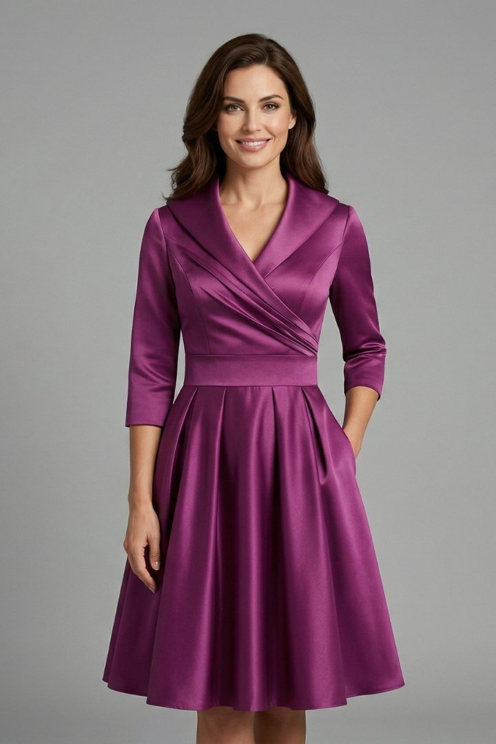 Women's Midi Dress | V-Neck Pleated Waist Wrap Bodice Front