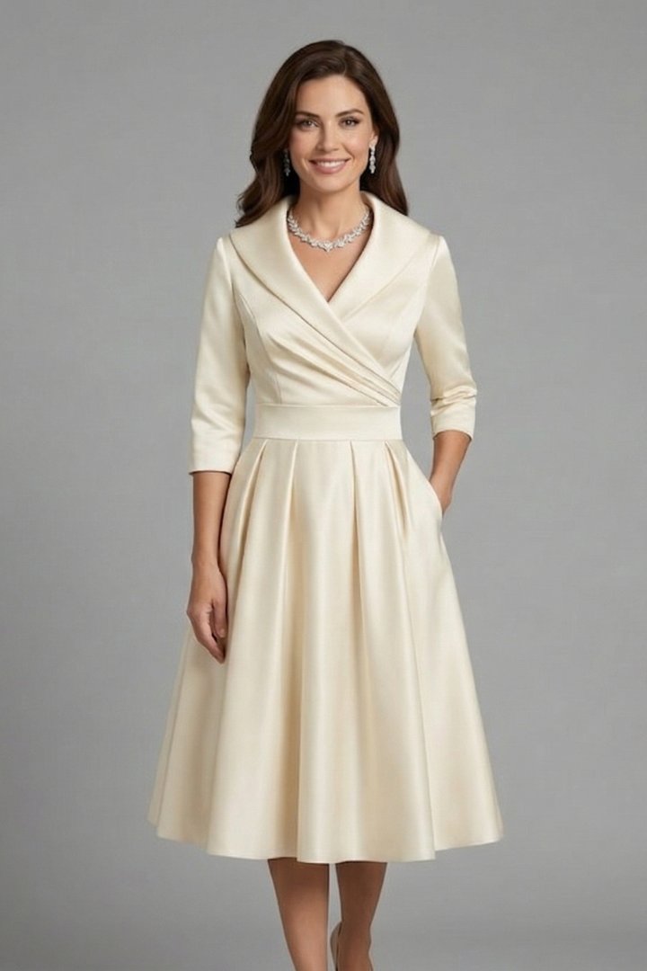 Women's Midi Dress | V-Neck Pleated Waist Wrap Bodice Full