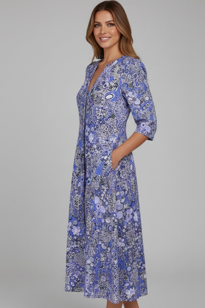 Women's Midi Dress | V-Neck Three-Quarter Sleeve Printed Back