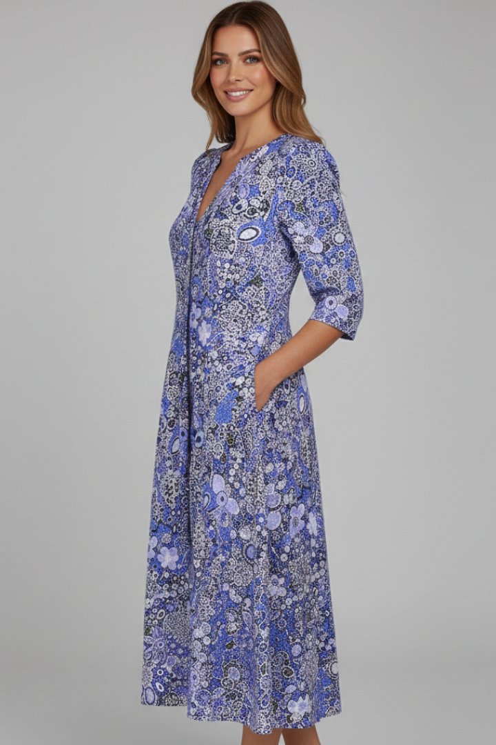 Women's Midi Dress | V-Neck Three-Quarter Sleeve Printed Close Up