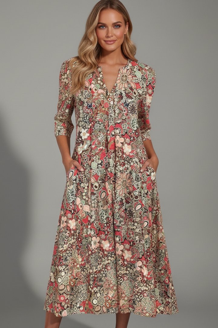 Women's Midi Dress | V-Neck Three-Quarter Sleeve Printed Detail