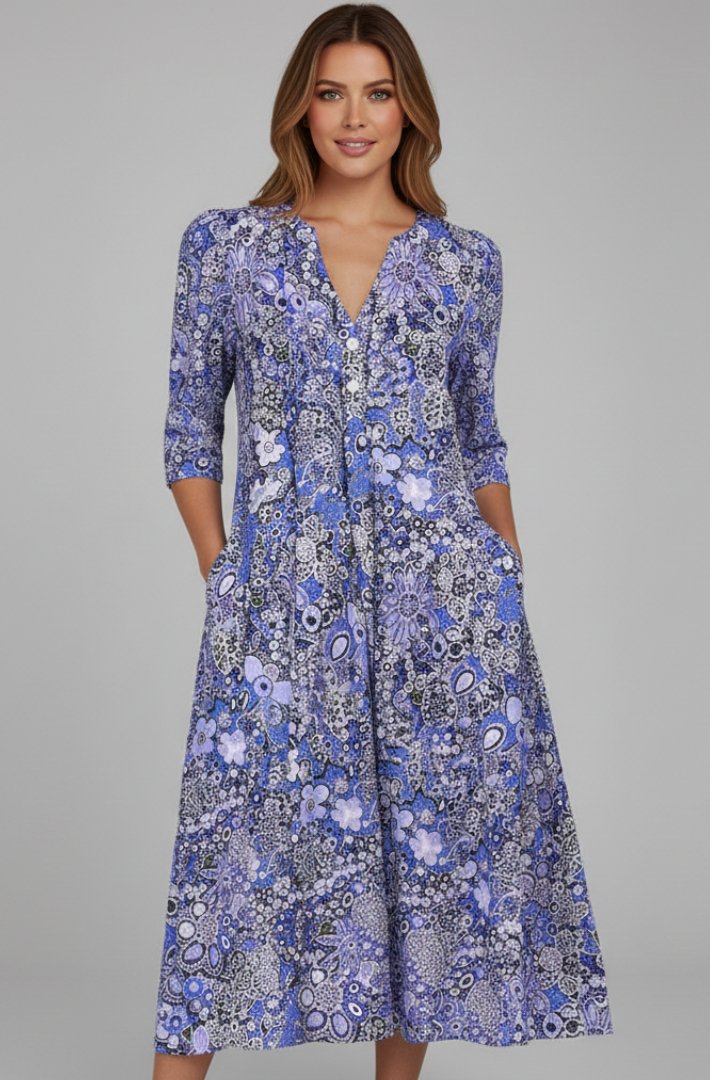 Women's Midi Dress | V-Neck Three-Quarter Sleeve Printed Front