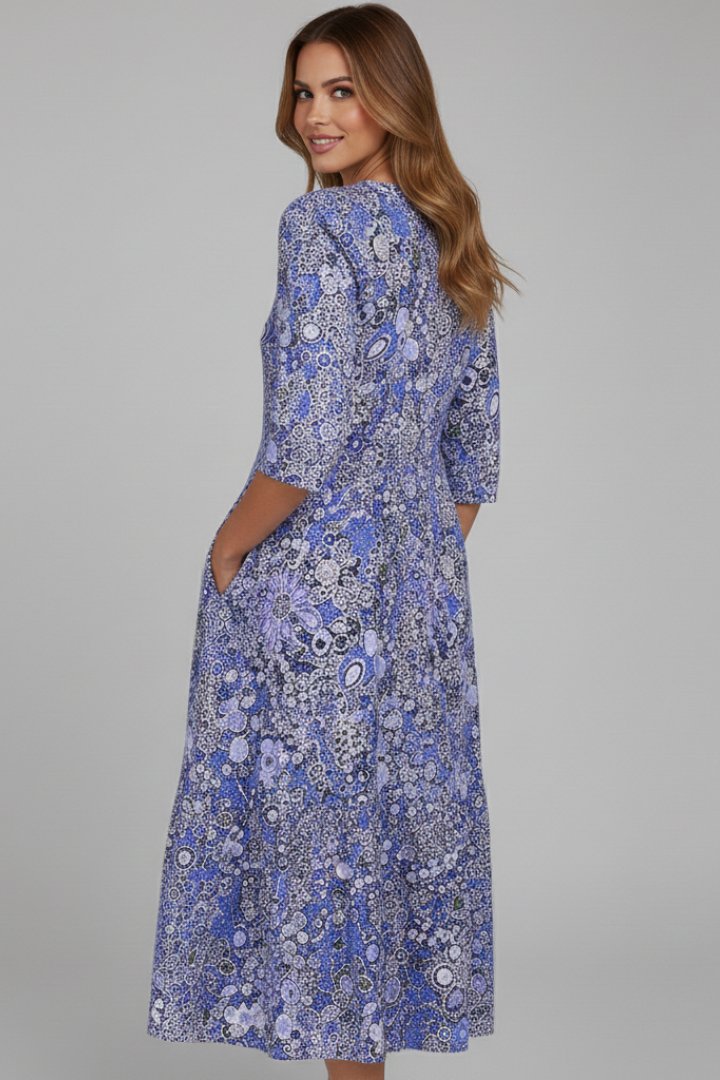 Women's Midi Dress | V-Neck Three-Quarter Sleeve Printed Lifestyle