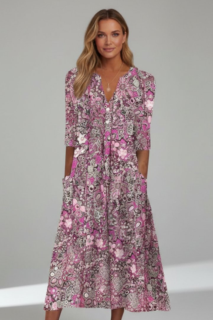 Women's Midi Dress | V-Neck Three-Quarter Sleeve Printed Side