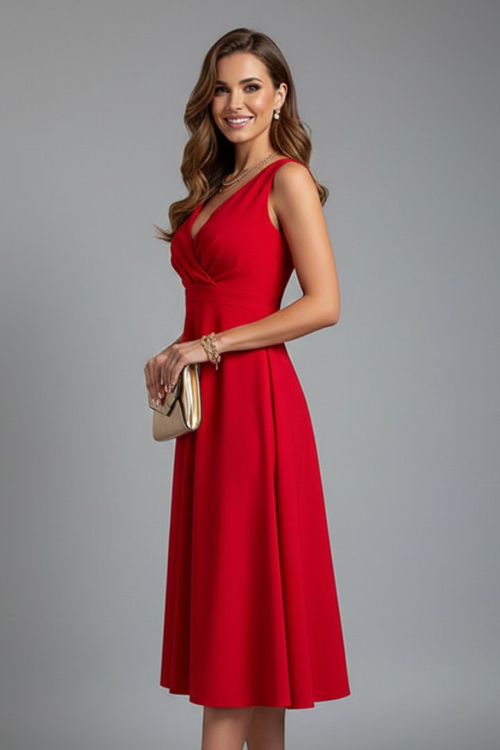 Women's Midi Dress | V-Neck Zip Closure Sleeveless A-Line Close Up