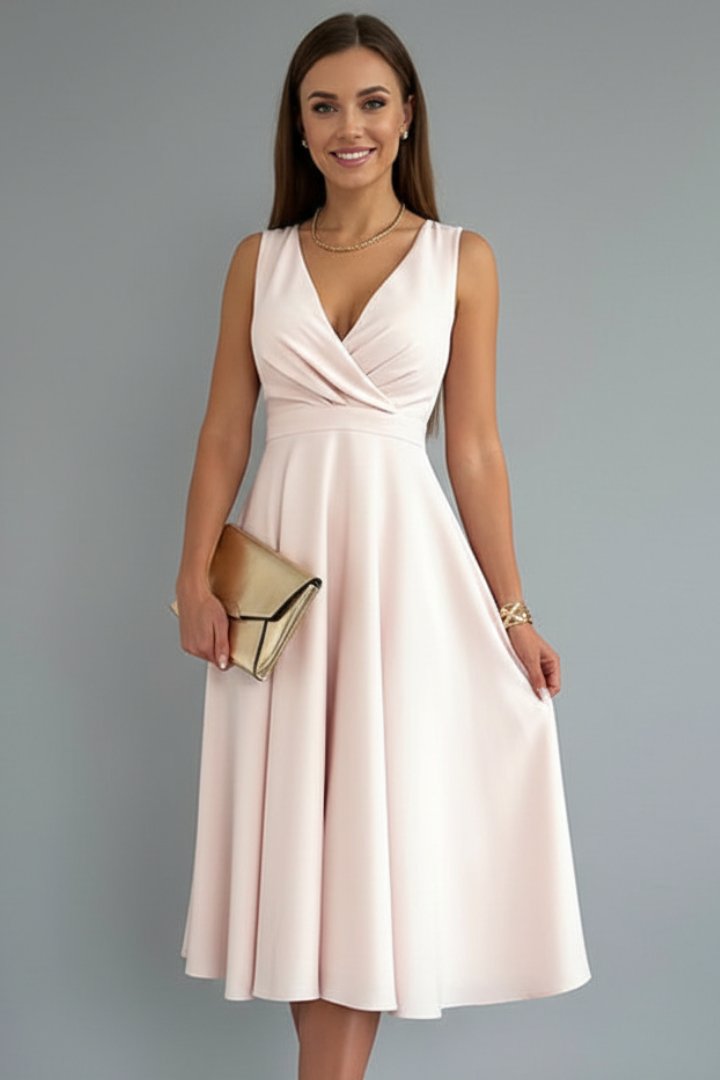 Women's Midi Dress | V-Neck Zip Closure Sleeveless A-Line Detail