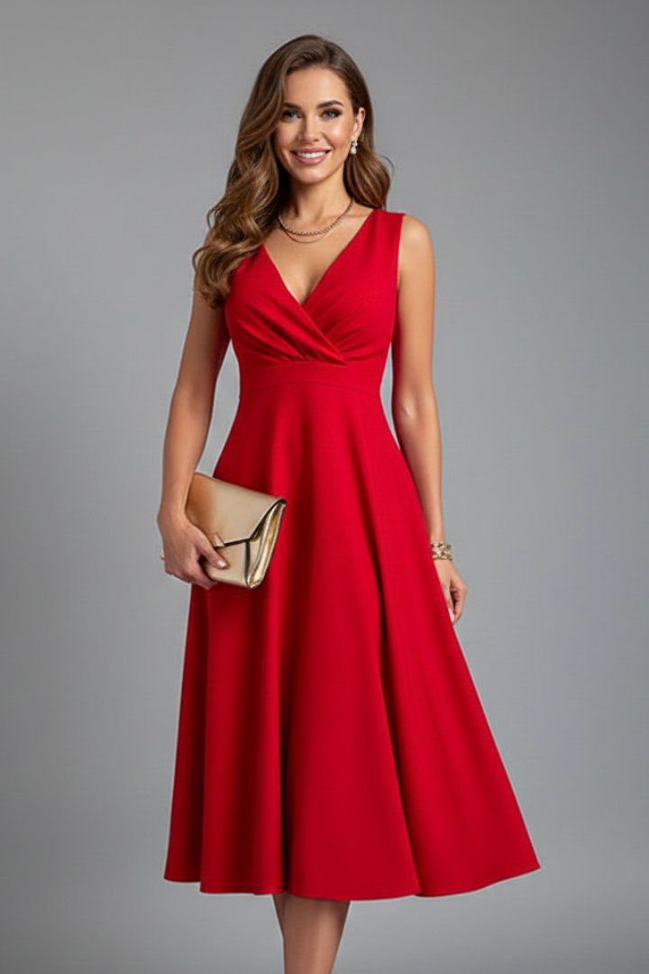 Women's Midi Dress | V-Neck Zip Closure Sleeveless A-Line Front