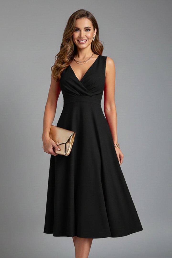 Women's Midi Dress | V-Neck Zip Closure Sleeveless A-Line Side