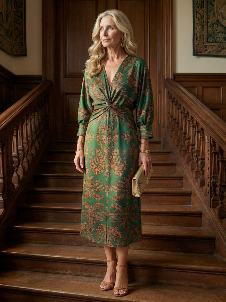 Women's Natural Wrap Midi Dress | Long Sleeve Knot Front Back