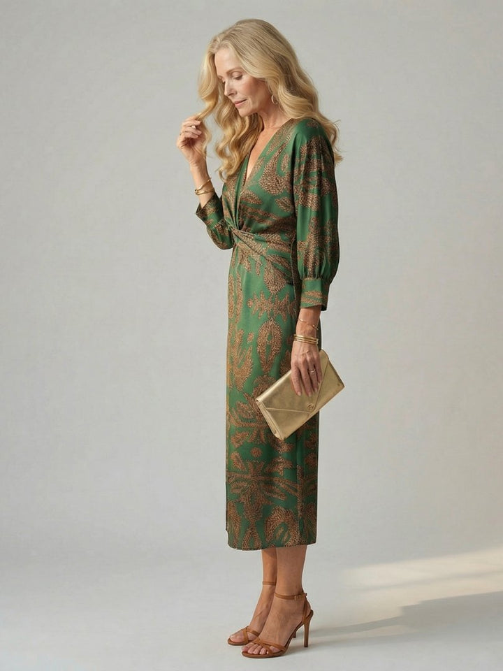 Women's Natural Wrap Midi Dress | Long Sleeve Knot Front Front
