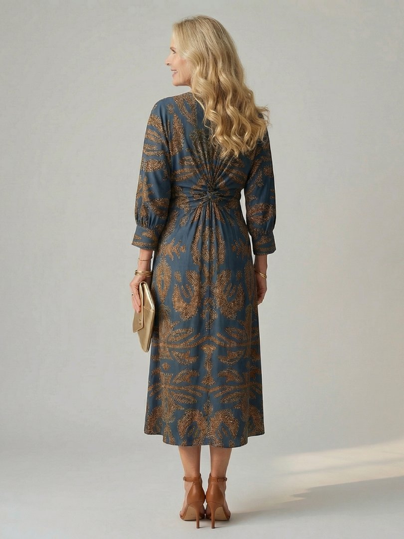 Women's Natural Wrap Midi Dress | Long Sleeve Knot Front Full
