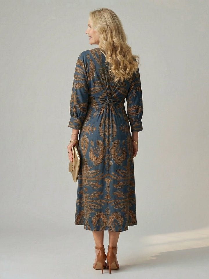 Women's Natural Wrap Midi Dress | Long Sleeve Knot Front Full
