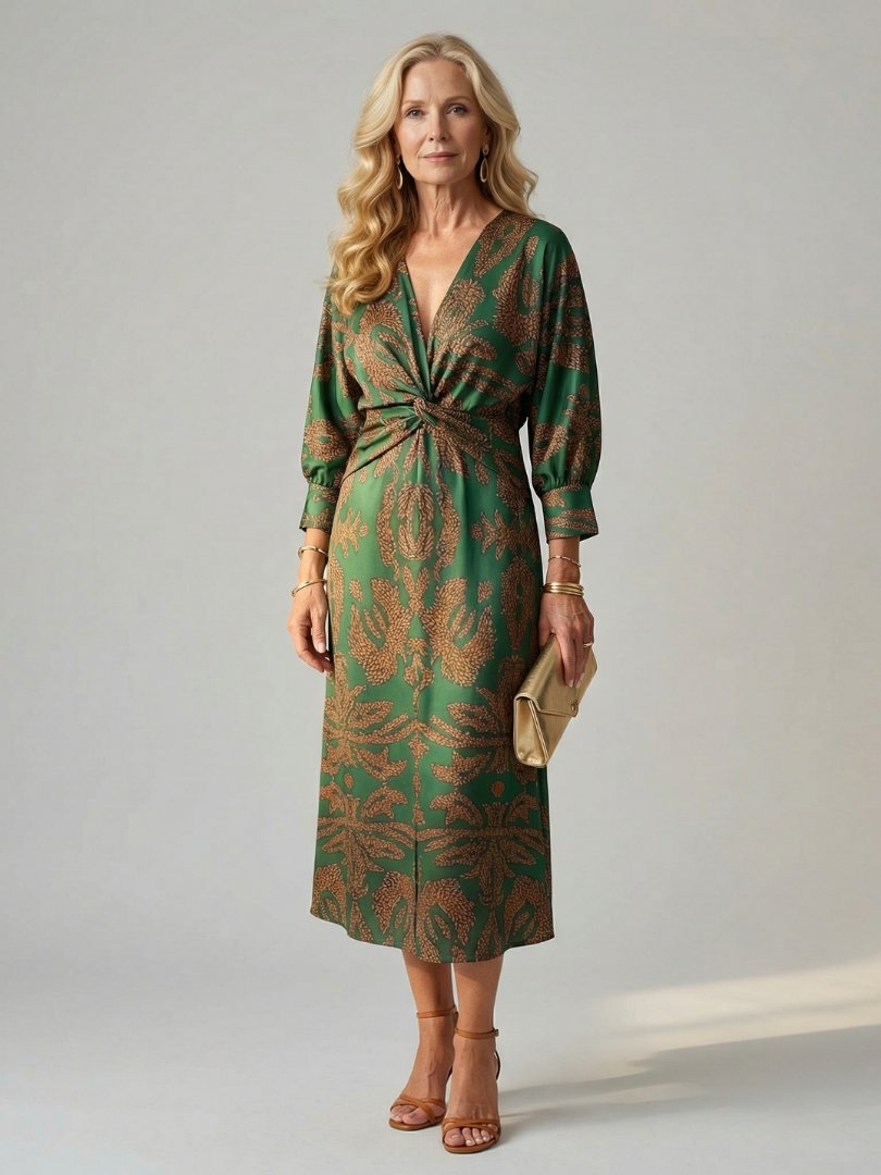 Women's Natural Wrap Midi Dress | Long Sleeve Knot Front Hero