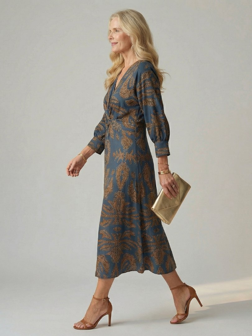 Women's Natural Wrap Midi Dress | Long Sleeve Knot Front Lifestyle