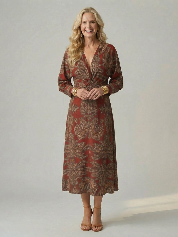 Women's Natural Wrap Midi Dress | Long Sleeve Knot Front View 11