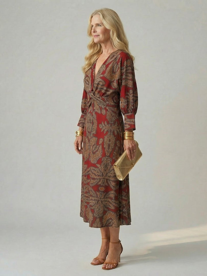 Women's Natural Wrap Midi Dress | Long Sleeve Knot Front View 12