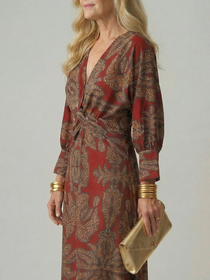 Women's Natural Wrap Midi Dress | Long Sleeve Knot Front View 13