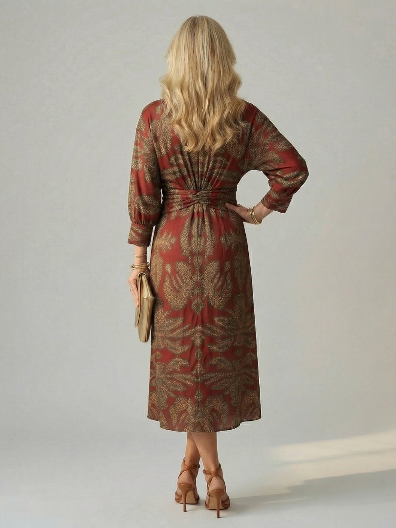 Women's Natural Wrap Midi Dress | Long Sleeve Knot Front View 14