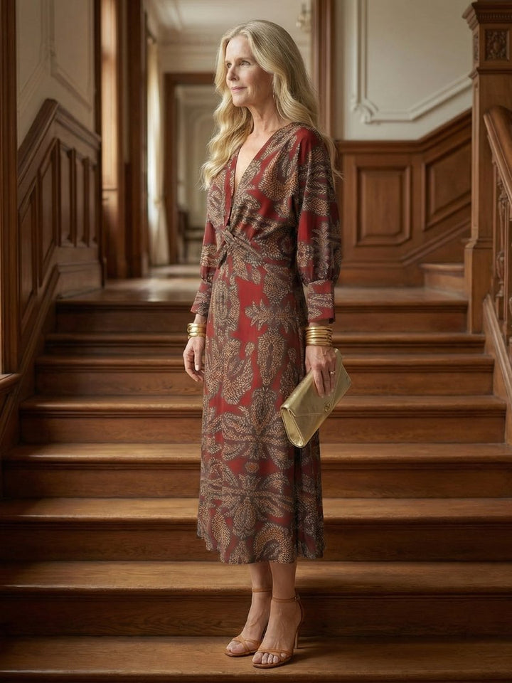 Women's Natural Wrap Midi Dress | Long Sleeve Knot Front View 15