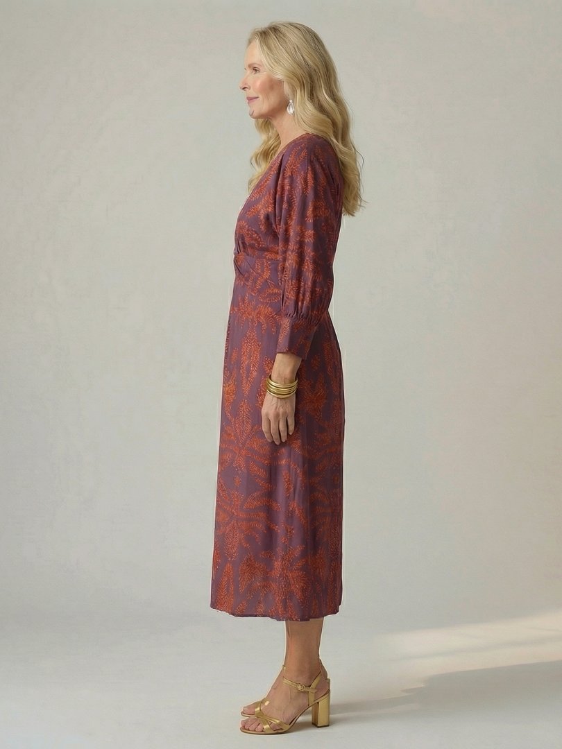 Women's Natural Wrap Midi Dress | Long Sleeve Knot Front View 17