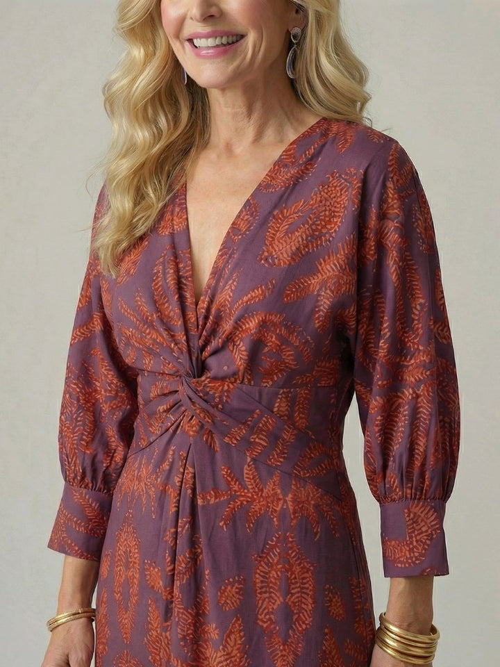 Women's Natural Wrap Midi Dress | Long Sleeve Knot Front View 18