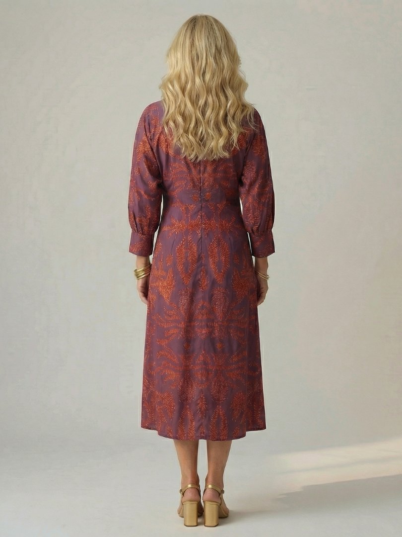 Women's Natural Wrap Midi Dress | Long Sleeve Knot Front View 19