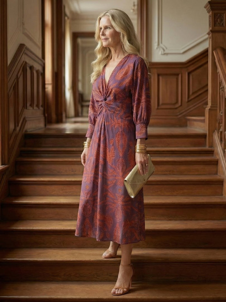 Women's Natural Wrap Midi Dress | Long Sleeve Knot Front View 20