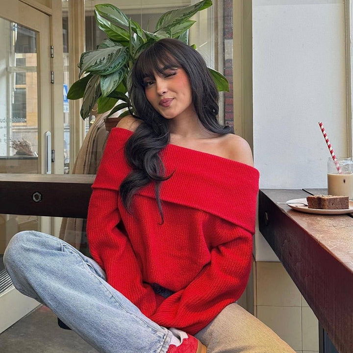 Women's Off Shoulder Jumper | Soft Knit Relaxed Fit Close Up