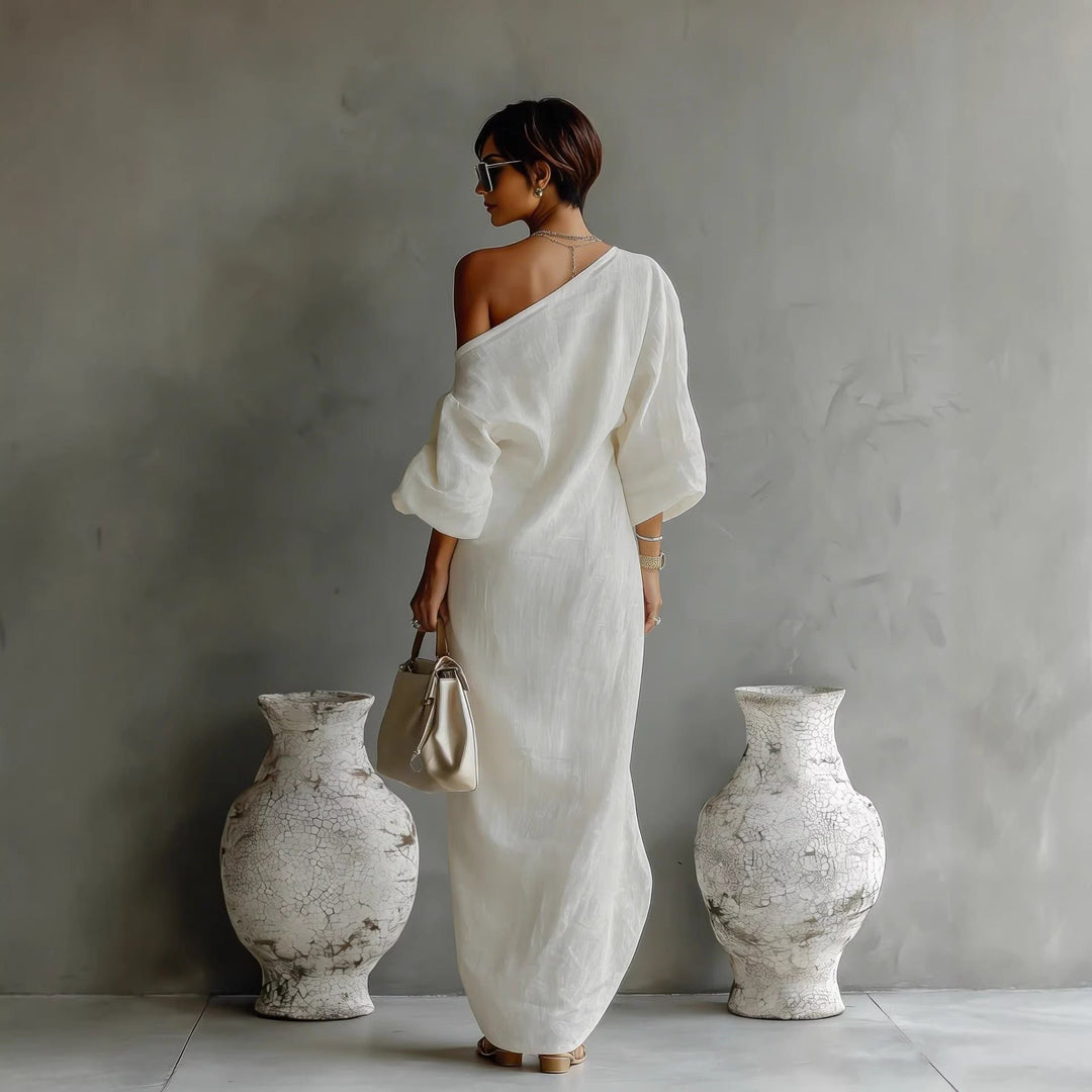 Women's Off-Shoulder Maxi Dress | Lantern Sleeves Relaxed Fit Back
