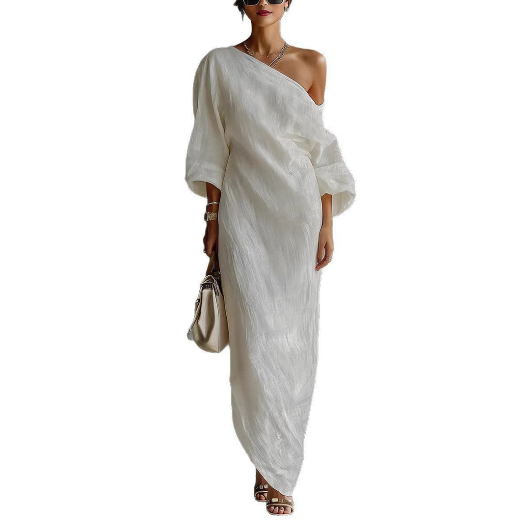 Women's Off-Shoulder Maxi Dress | Lantern Sleeves Relaxed Fit Close Up